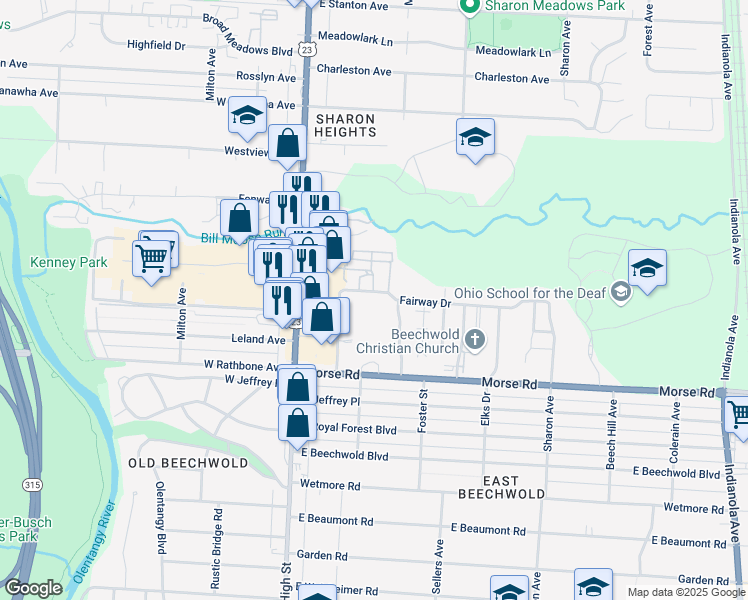 map of restaurants, bars, coffee shops, grocery stores, and more near 123 Georgetown Drive in Columbus