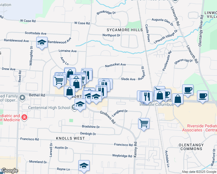 map of restaurants, bars, coffee shops, grocery stores, and more near 1301 Palmer House Court in Columbus