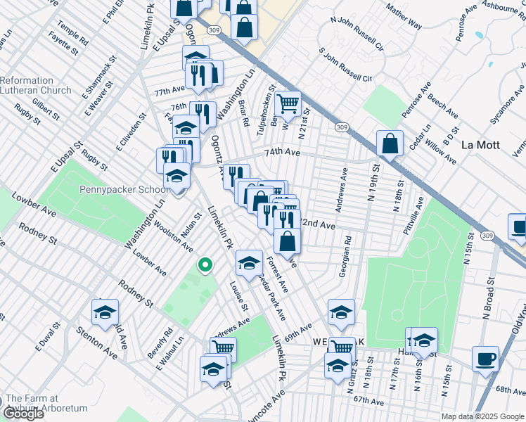 map of restaurants, bars, coffee shops, grocery stores, and more near 7213 Ogontz Avenue in Philadelphia