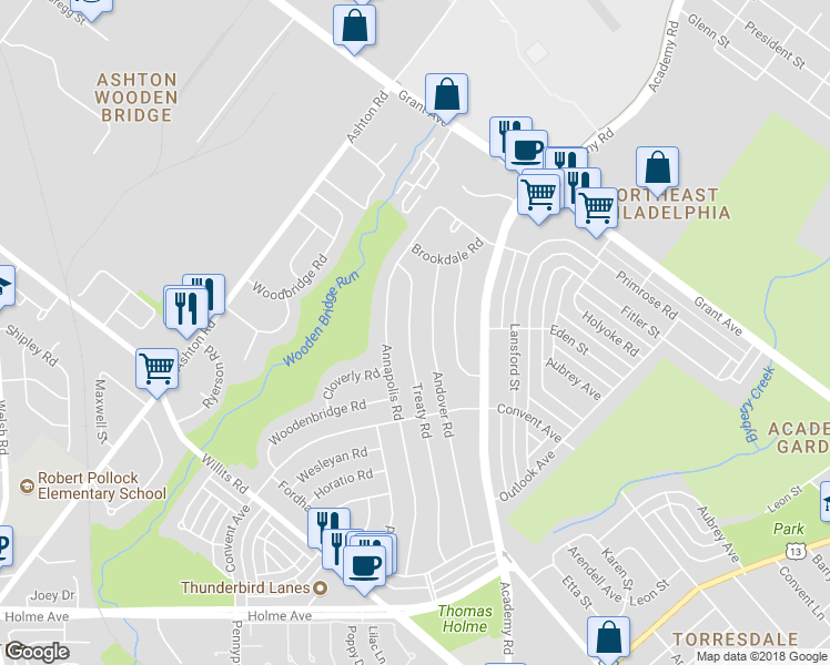 map of restaurants, bars, coffee shops, grocery stores, and more near 9329 Treaty Road in Philadelphia