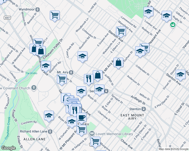 map of restaurants, bars, coffee shops, grocery stores, and more near 315 East Allens Lane in Philadelphia