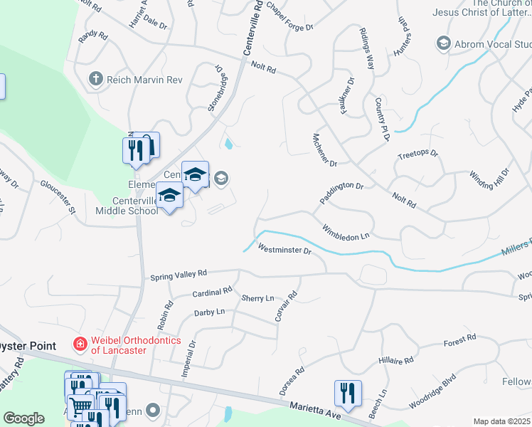 map of restaurants, bars, coffee shops, grocery stores, and more near 853 Westminster Drive in Lancaster
