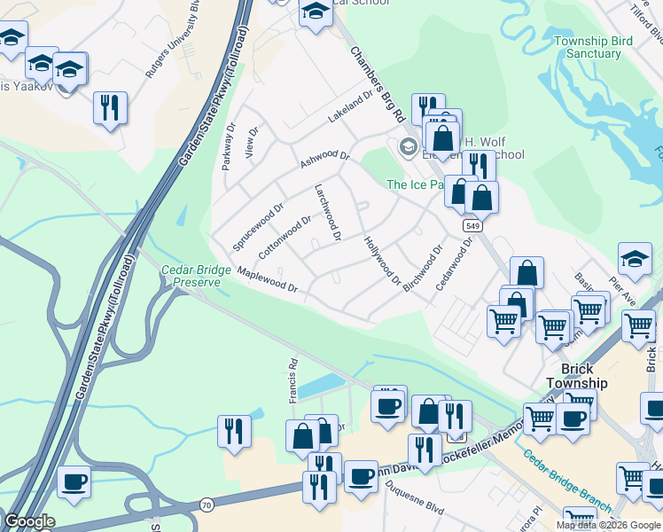 map of restaurants, bars, coffee shops, grocery stores, and more near 229 Elmwood Drive in Brick Township