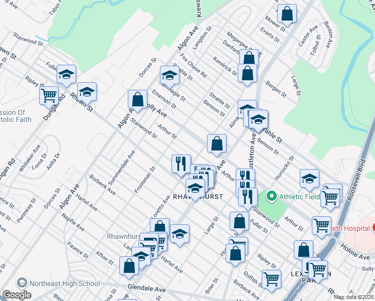 map of restaurants, bars, coffee shops, grocery stores, and more near 1830 Arthur Street in Philadelphia