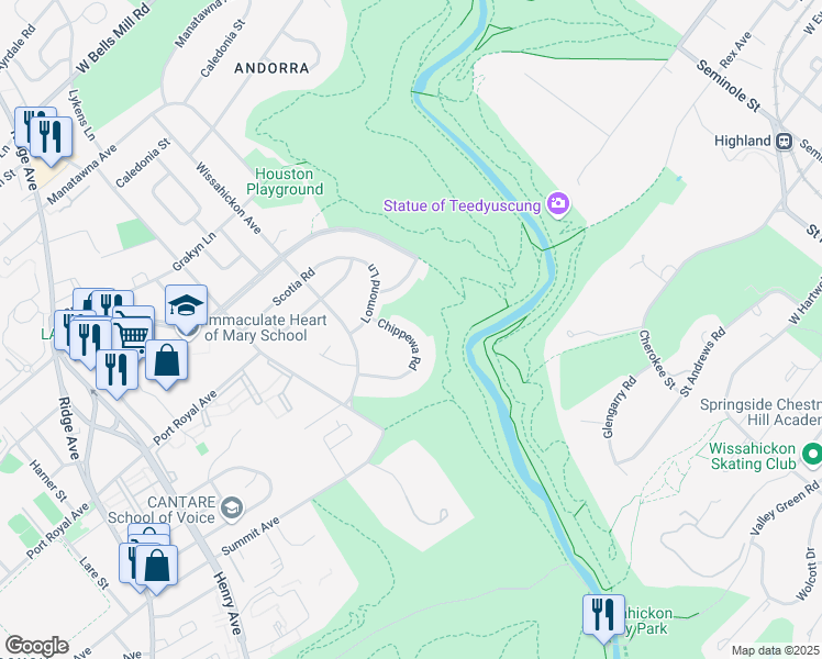 map of restaurants, bars, coffee shops, grocery stores, and more near 8438 Chippewa Road in Philadelphia