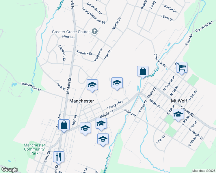 map of restaurants, bars, coffee shops, grocery stores, and more near 300 High Street in Manchester