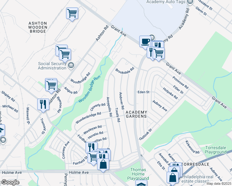 map of restaurants, bars, coffee shops, grocery stores, and more near 9329 Treaty Road in Philadelphia