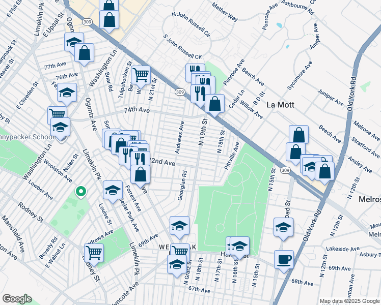 map of restaurants, bars, coffee shops, grocery stores, and more near 1914 Elston Street in Philadelphia