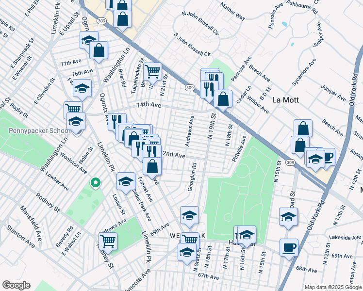 map of restaurants, bars, coffee shops, grocery stores, and more near 1967 Plymouth Street in Philadelphia