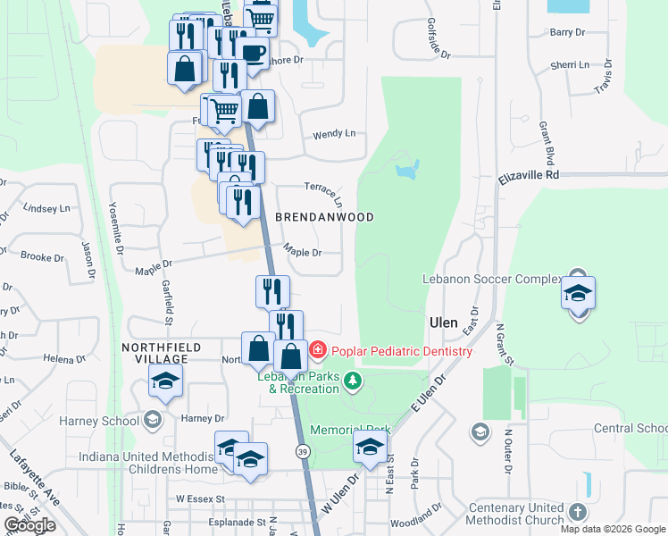 map of restaurants, bars, coffee shops, grocery stores, and more near 2005 Terrace Lane in Lebanon