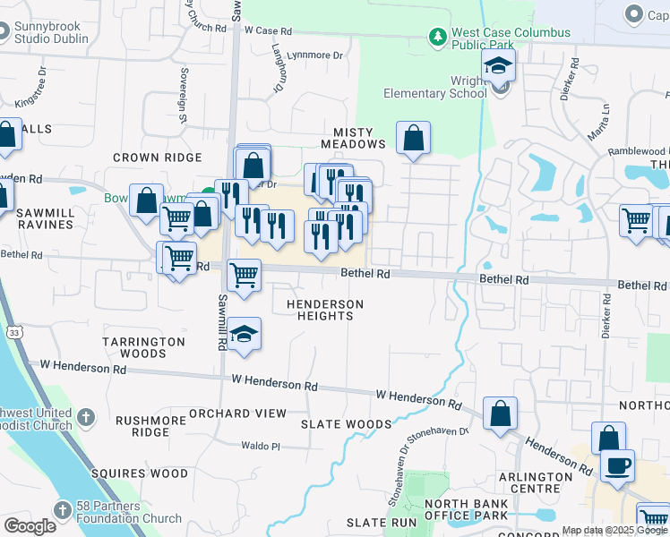 map of restaurants, bars, coffee shops, grocery stores, and more near 2570 Bethel Rd in Columbus