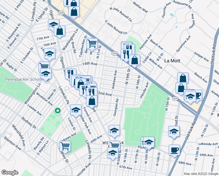 map of restaurants, bars, coffee shops, grocery stores, and more near 1967 Plymouth Street in Philadelphia
