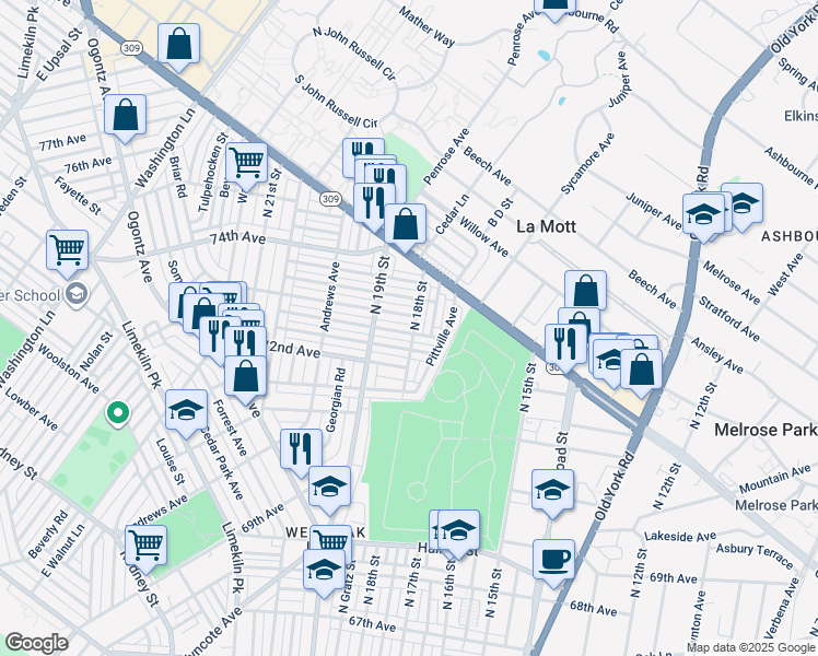 map of restaurants, bars, coffee shops, grocery stores, and more near 1803 Elston Street in Philadelphia