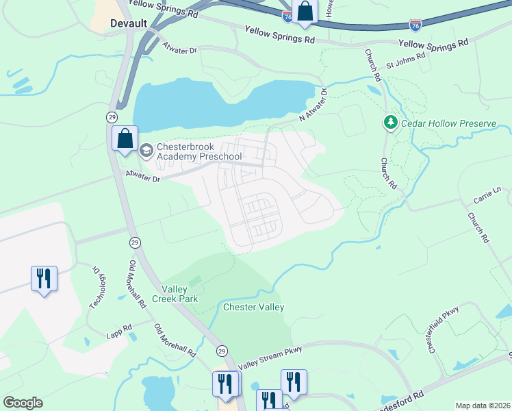map of restaurants, bars, coffee shops, grocery stores, and more near 751 Quarry Point Road in Malvern