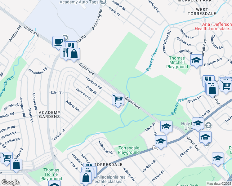 map of restaurants, bars, coffee shops, grocery stores, and more near 3574 Grant Avenue in Philadelphia