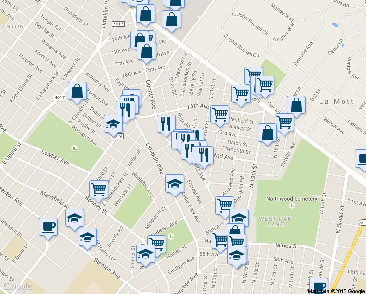 map of restaurants, bars, coffee shops, grocery stores, and more near 7217 Ogontz Avenue in Philadelphia