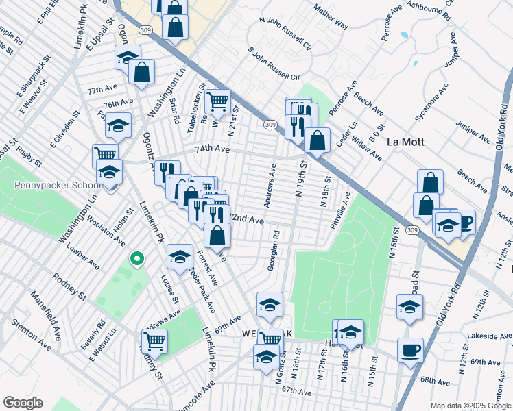 map of restaurants, bars, coffee shops, grocery stores, and more near 1990 Ashley St in Philadelphia