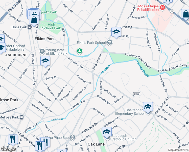 map of restaurants, bars, coffee shops, grocery stores, and more near 7823 New 2nd Street in Elkins Park