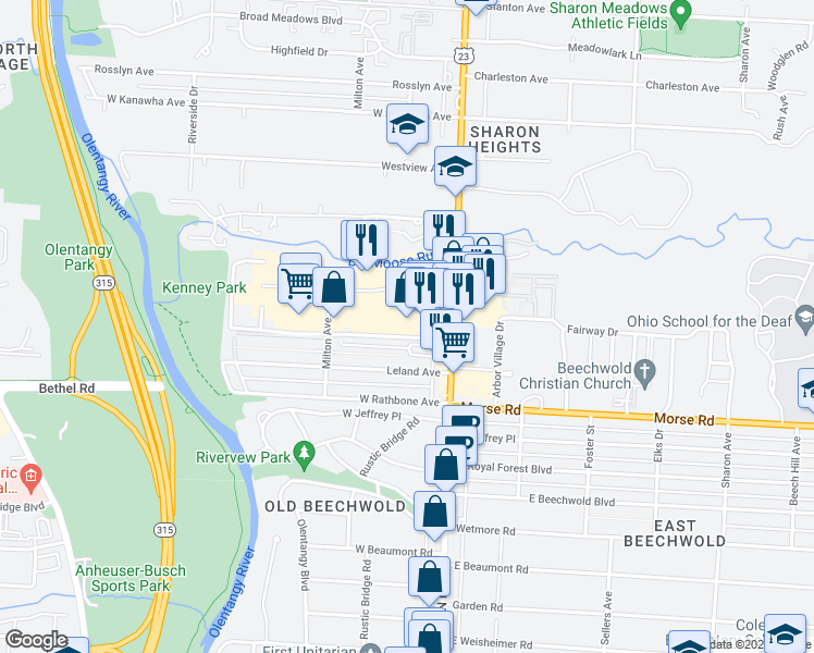 map of restaurants, bars, coffee shops, grocery stores, and more near 55 Graceland Boulevard in Columbus