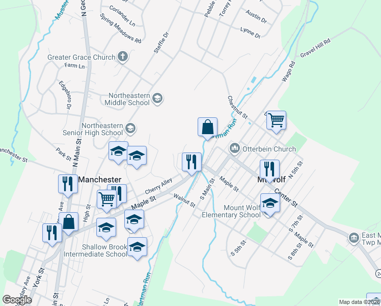 map of restaurants, bars, coffee shops, grocery stores, and more near 13 Maple Street in Manchester