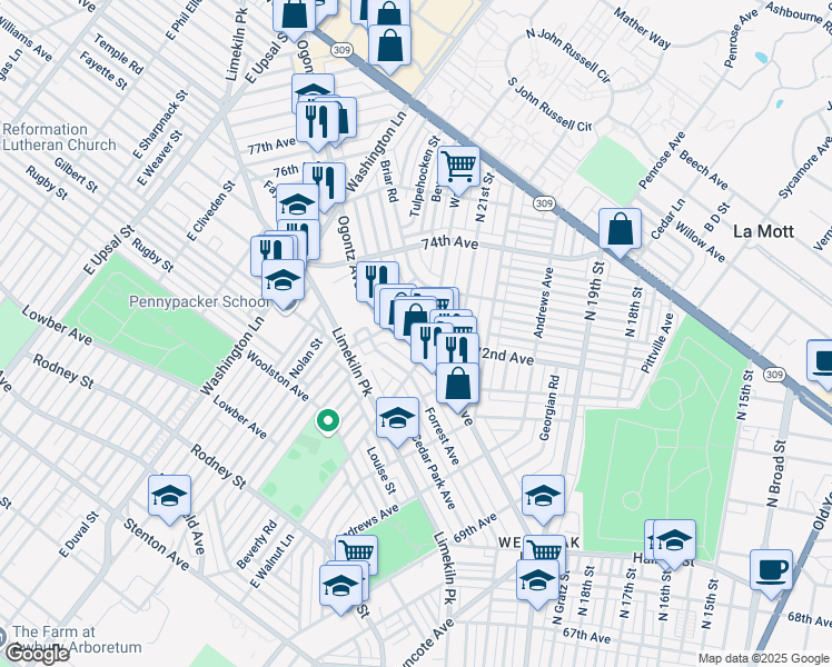 map of restaurants, bars, coffee shops, grocery stores, and more near 7217 Ogontz Avenue in Philadelphia