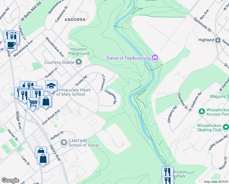 map of restaurants, bars, coffee shops, grocery stores, and more near 8438 Chippewa Road in Philadelphia