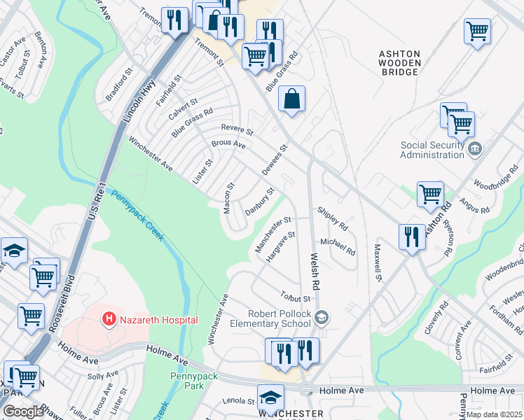 map of restaurants, bars, coffee shops, grocery stores, and more near 8819 Danbury Street in Philadelphia