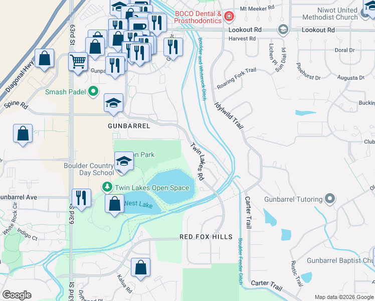 map of restaurants, bars, coffee shops, grocery stores, and more near 4955 Twin Lakes Road in Boulder