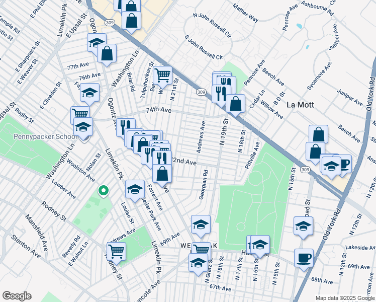 map of restaurants, bars, coffee shops, grocery stores, and more near 1981 Plymouth Street in Philadelphia