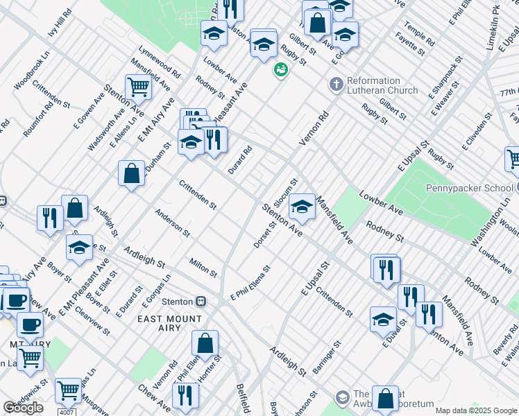 map of restaurants, bars, coffee shops, grocery stores, and more near 832 East Vernon Road in Philadelphia