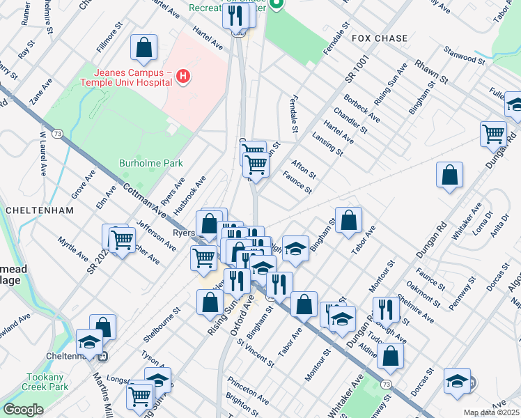 map of restaurants, bars, coffee shops, grocery stores, and more near 7437 Oxford Avenue in Philadelphia