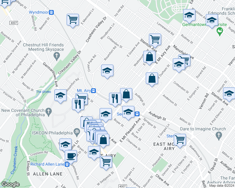 map of restaurants, bars, coffee shops, grocery stores, and more near 309 East Allens Lane in Philadelphia