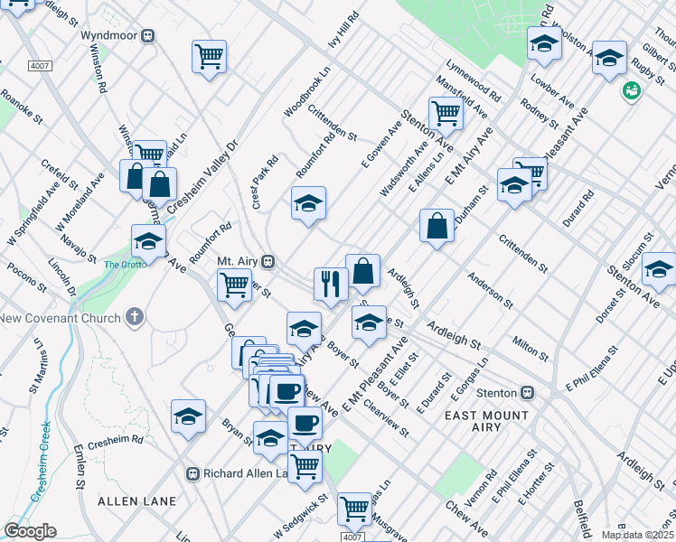 map of restaurants, bars, coffee shops, grocery stores, and more near 309 East Allens Lane in Philadelphia