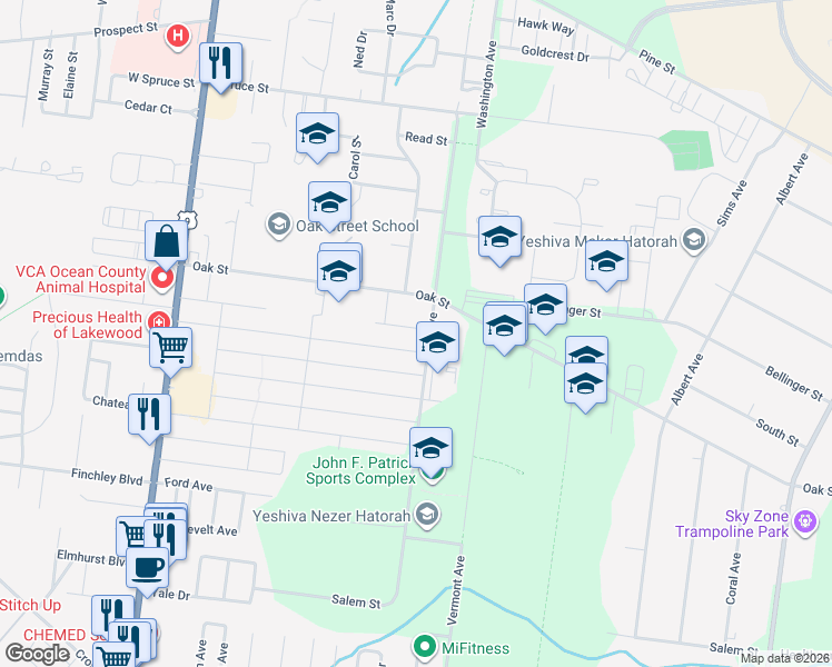 map of restaurants, bars, coffee shops, grocery stores, and more near 100 Audubon Avenue in Lakewood