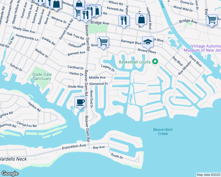 map of restaurants, bars, coffee shops, grocery stores, and more near 1632 East Drive in Point Pleasant
