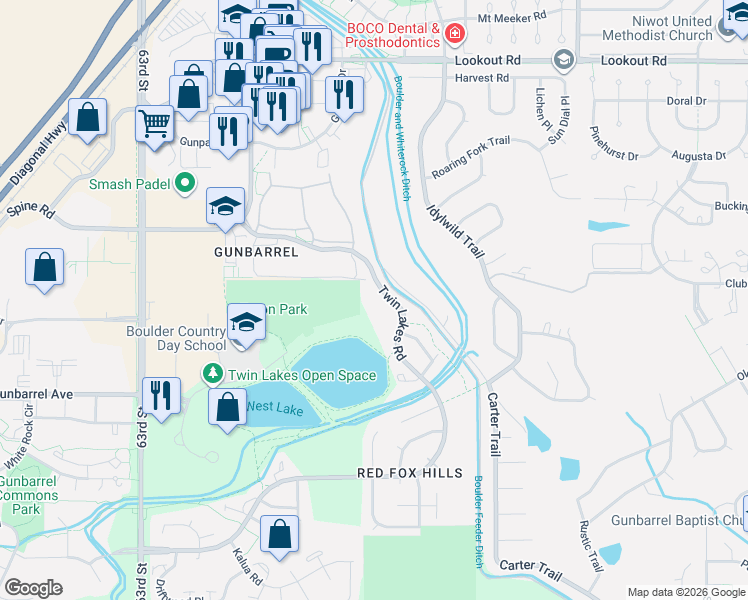 map of restaurants, bars, coffee shops, grocery stores, and more near 4955 Twin Lakes Road in Boulder