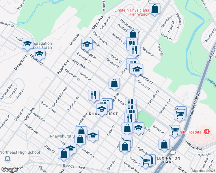 map of restaurants, bars, coffee shops, grocery stores, and more near 1900 Solly Avenue in Philadelphia