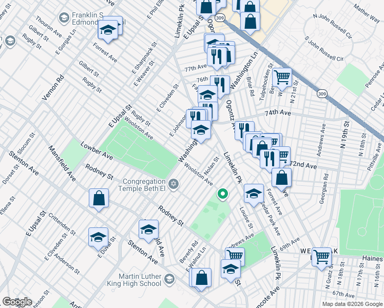 map of restaurants, bars, coffee shops, grocery stores, and more near 7400 Rugby Street in Philadelphia
