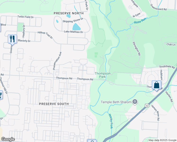 map of restaurants, bars, coffee shops, grocery stores, and more near 4125 Clifton Park Circle West in New Albany