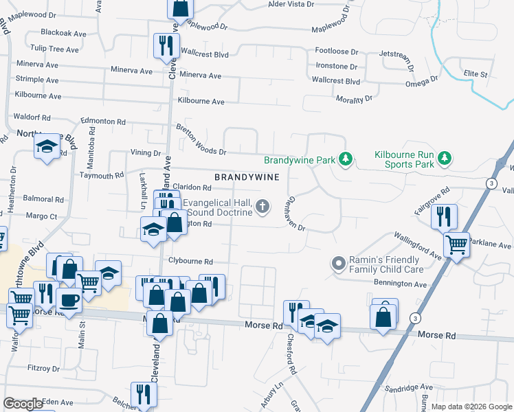 map of restaurants, bars, coffee shops, grocery stores, and more near 2695 Claridon Road in Columbus