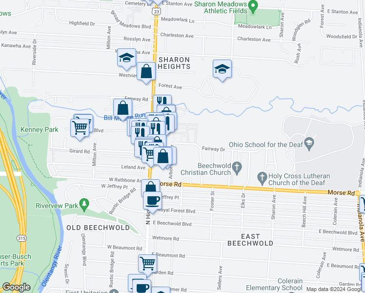 map of restaurants, bars, coffee shops, grocery stores, and more near 123 Georgetown Drive in Columbus