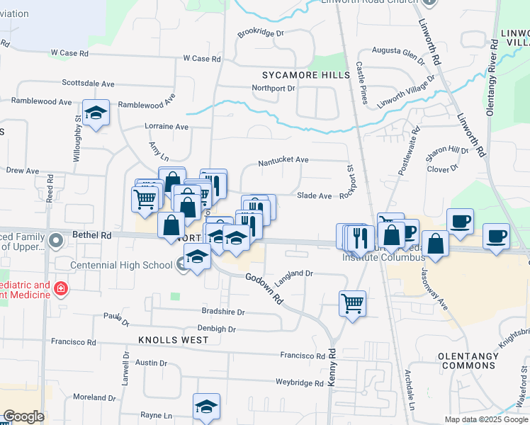 map of restaurants, bars, coffee shops, grocery stores, and more near 1301 Palmer House Court in Columbus