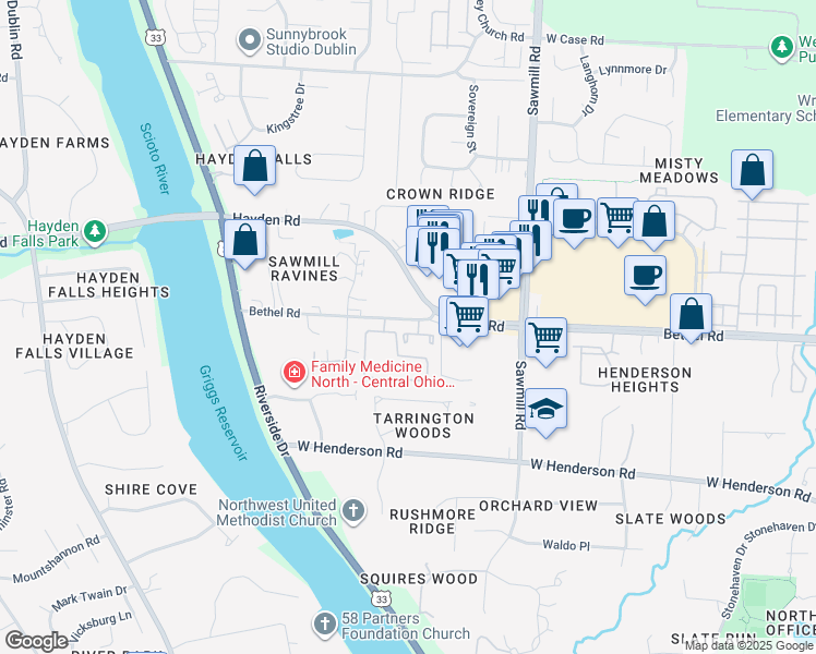 map of restaurants, bars, coffee shops, grocery stores, and more near 3053 Bethel Road in Columbus