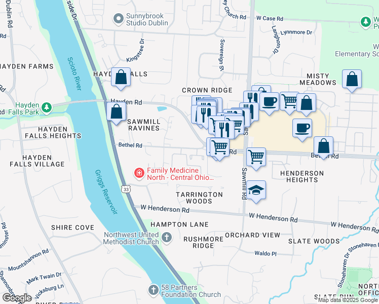 map of restaurants, bars, coffee shops, grocery stores, and more near 3053 Bethel Road in Columbus