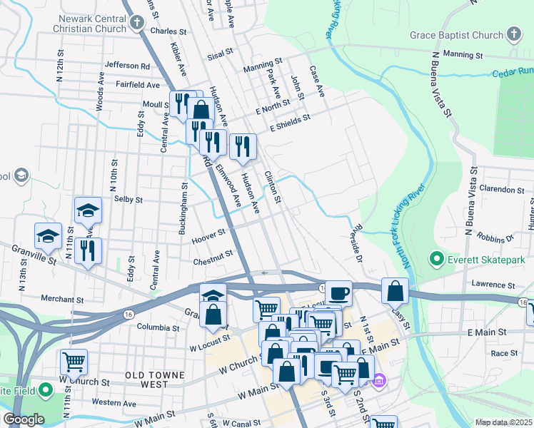 map of restaurants, bars, coffee shops, grocery stores, and more near 12 East Saint Clair Street in Newark