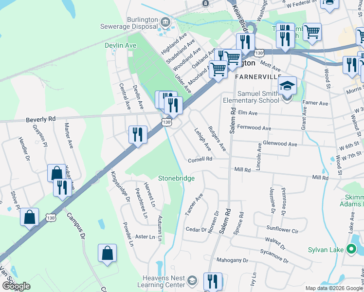 map of restaurants, bars, coffee shops, grocery stores, and more near 585 Cornell Road in Burlington
