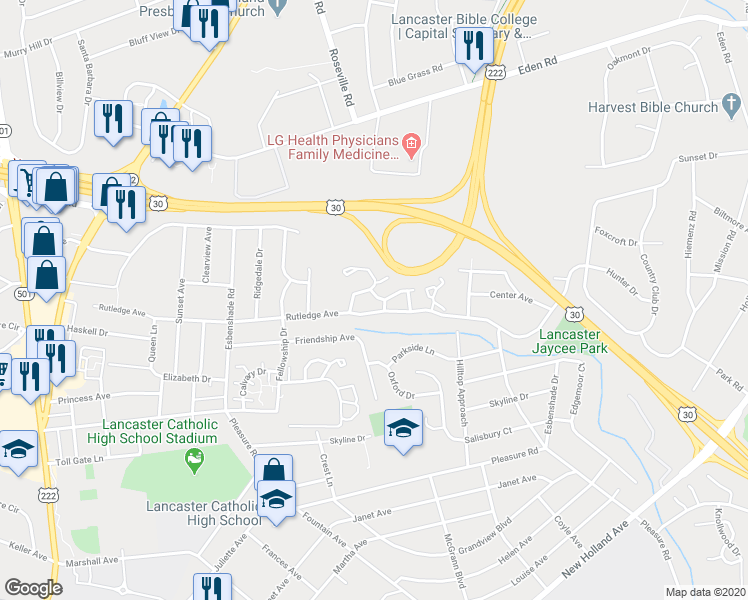 map of restaurants, bars, coffee shops, grocery stores, and more near 224 Federal Way in Lancaster