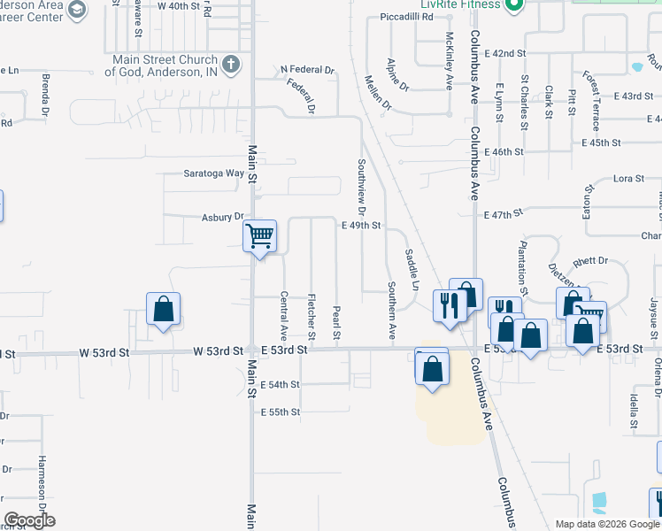 map of restaurants, bars, coffee shops, grocery stores, and more near 5019 Pearl Street in Anderson