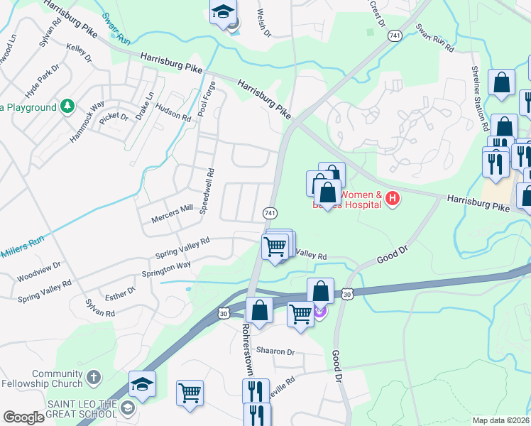 map of restaurants, bars, coffee shops, grocery stores, and more near 1110 Rohrerstown Road in Lancaster
