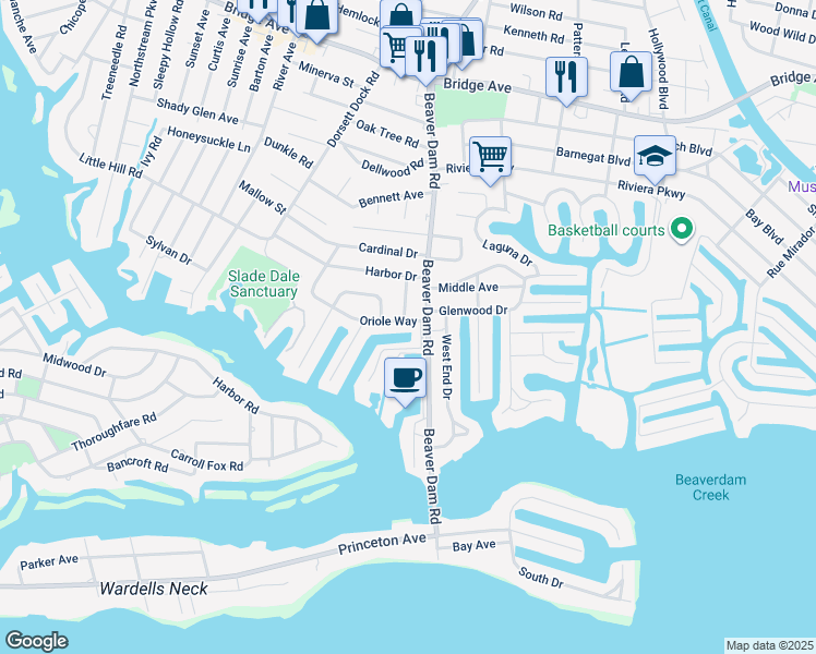 map of restaurants, bars, coffee shops, grocery stores, and more near 2314 Oriole Way in Point Pleasant